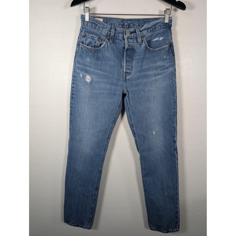 Levi's 501 Premium Jeans Womens 27 Blue High Rise Straight Button Fly Distressed
